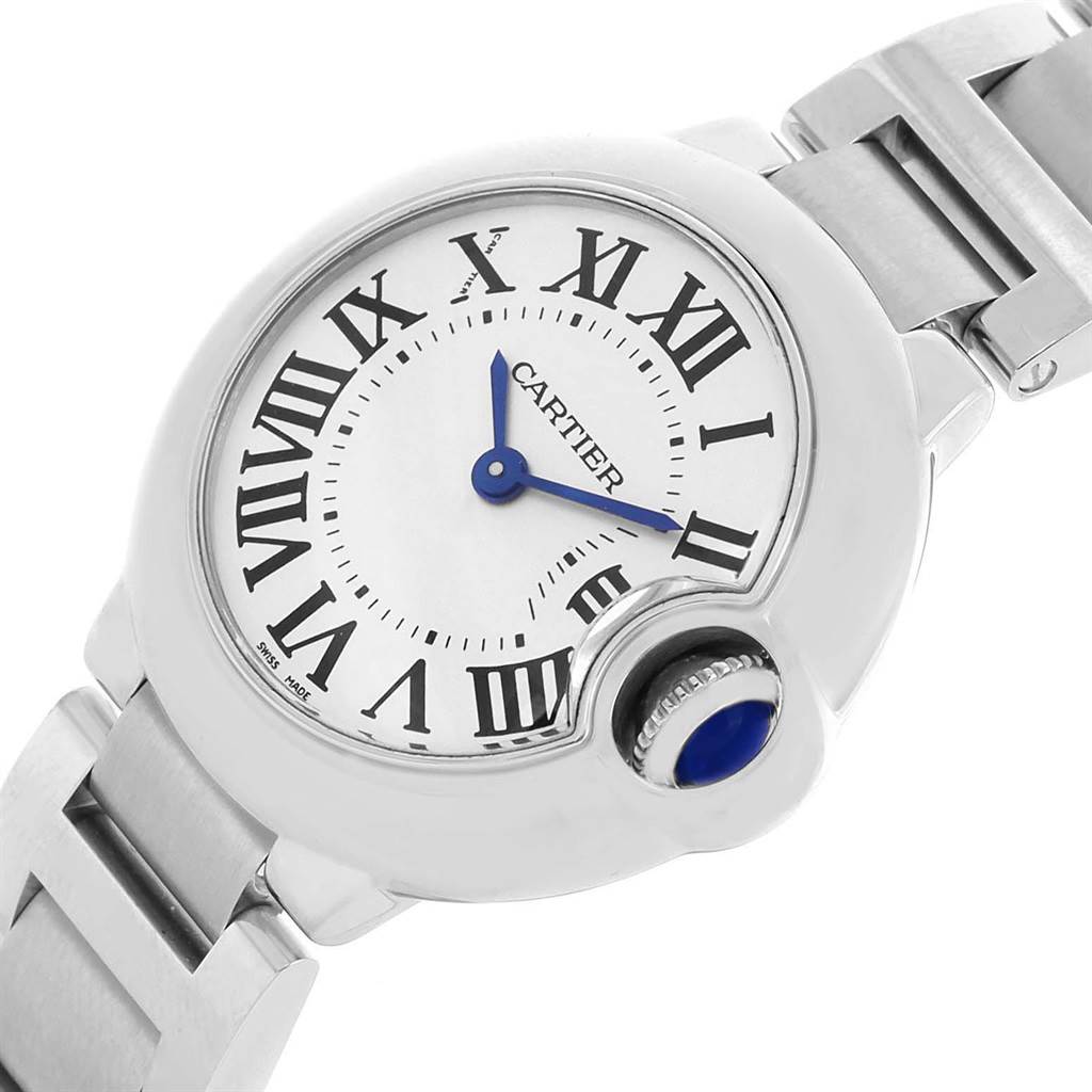 The image shows an angled view of a Cartier Ballon Bleu W69010Z4 Women
s Stainless Steel Silver Dial W69010Z4 Women
s Stainless Steel Silver Dial watch, highlighting its face, crown, and part of the bracelet.