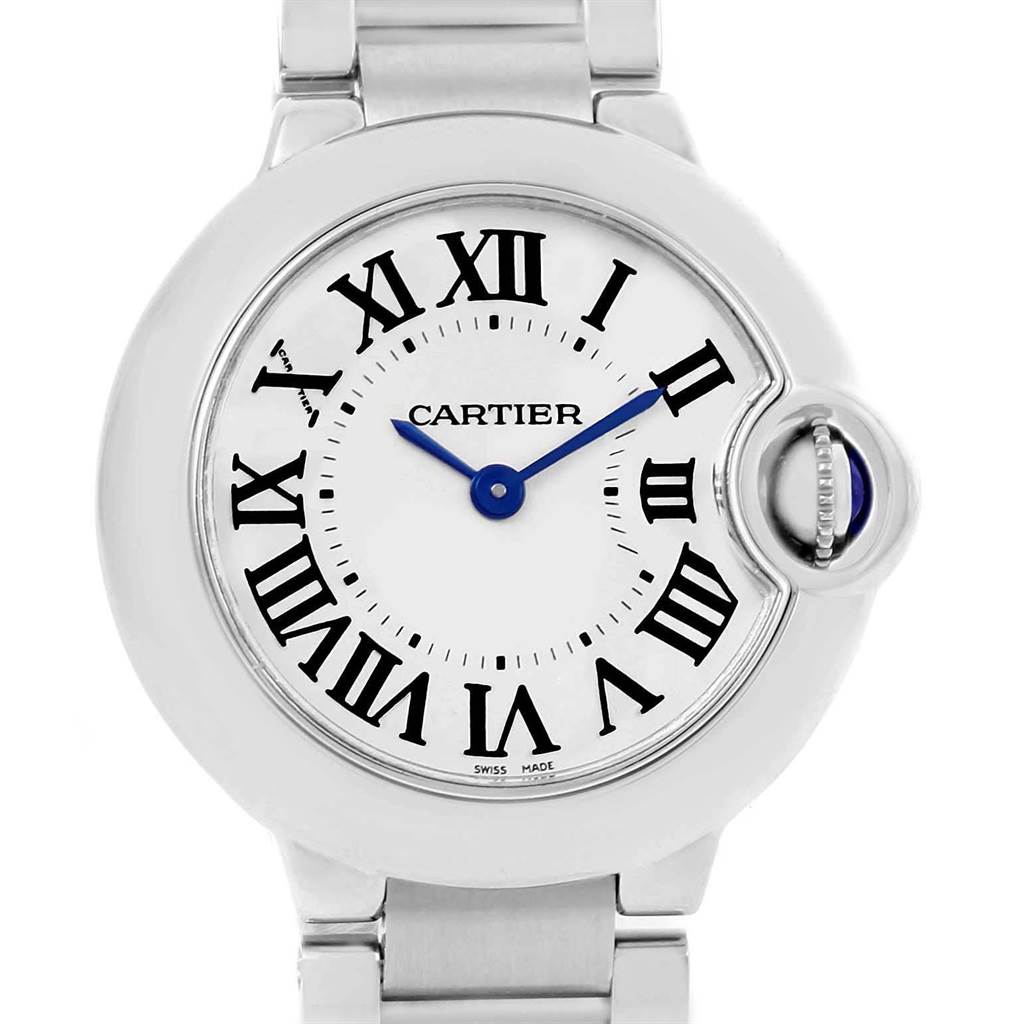 The image shows a close-up front view of the dial and part of the band of the Cartier Ballon Bleu W69010Z4 Women
s Stainless Steel Silver Dial W69010Z4 Women
s Stainless Steel Silver Dial watch.