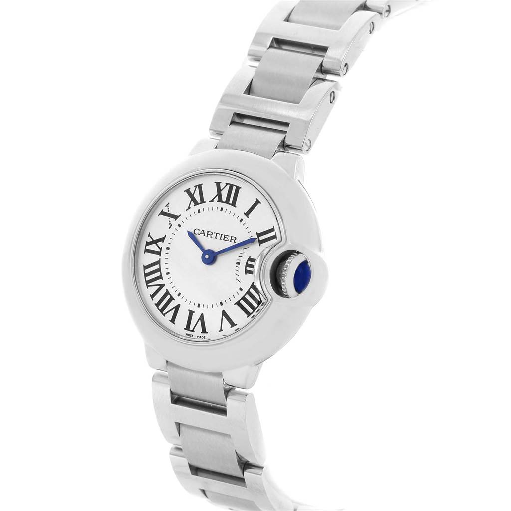 The image shows a Cartier Ballon Bleu W69010Z4 Women
s Stainless Steel Silver Dial W69010Z4 Women
s Stainless Steel Silver Dial watch from a slightly angled front view, showcasing the dial, bracelet, and crown.