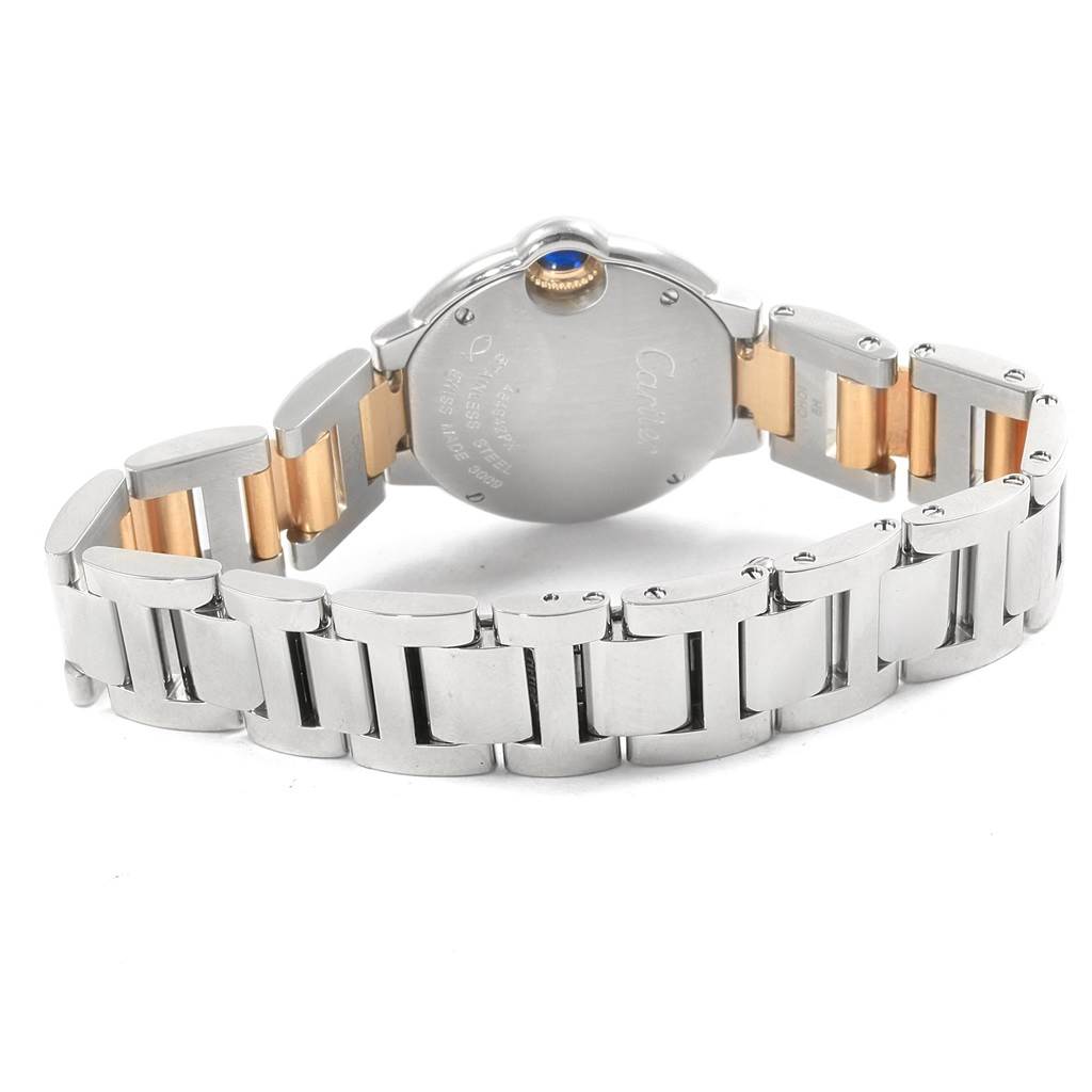 The image shows the back view of a Cartier Ballon Bleu W69007Z3 Women
s Stainless Steel Silver Dial W69007Z3 Women
s Stainless Steel Silver Dial watch, highlighting the bracelet and case back.