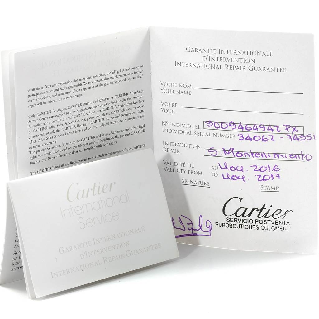 This image shows warranty and international service documents for a Cartier Ballon Bleu W69007Z3 Women
s Stainless Steel Silver Dial W69007Z3 Women
s Stainless Steel Silver Dial watch.
