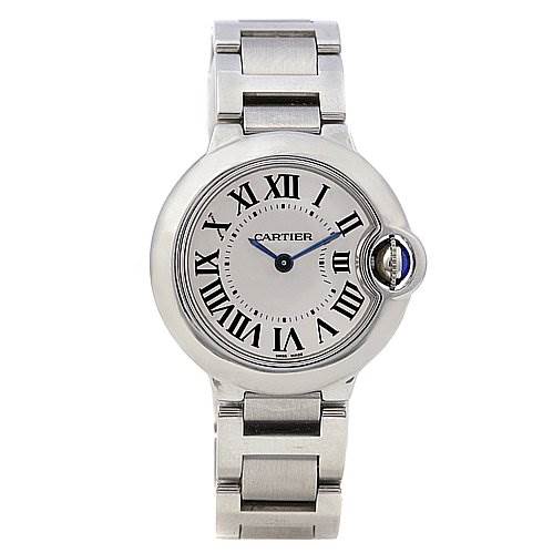 This image shows a front view of the Cartier Ballon Bleu W69010Z4 Women
s Stainless Steel Silver Dial W69010Z4 Women
s Stainless Steel Silver Dial watch, featuring its round face, Roman numerals, and metal bracelet.
