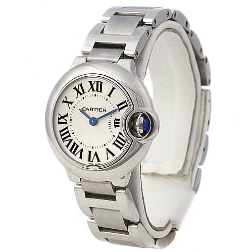 The Ballon Bleu by Cartier watch is shown from a front angle, highlighting its face, Roman numerals, and bracelet.