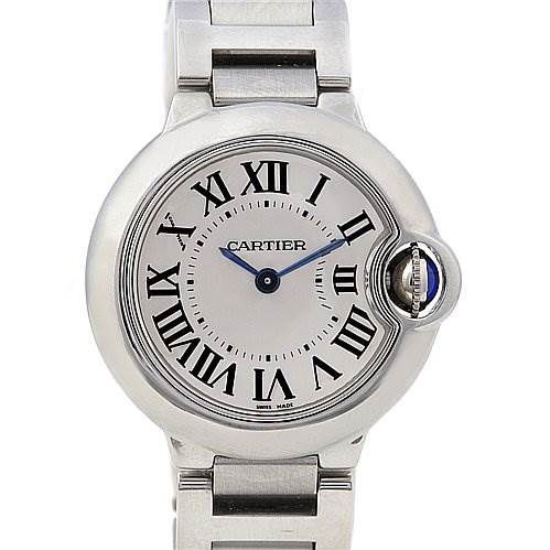 The image shows a front view of the Cartier Ballon Bleu W69010Z4 Women
s Stainless Steel Silver Dial W69010Z4 Women
s Stainless Steel Silver Dial watch, highlighting its round face, Roman numerals, blue hands, and crown.