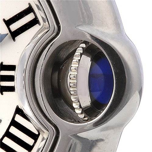 Close-up of the crown and part of the dial of a Cartier Ballon Bleu W69010Z4 Women
s Stainless Steel Silver Dial W69010Z4 Women
s Stainless Steel Silver Dial watch, showing the Roman numeral markers and crown guard.