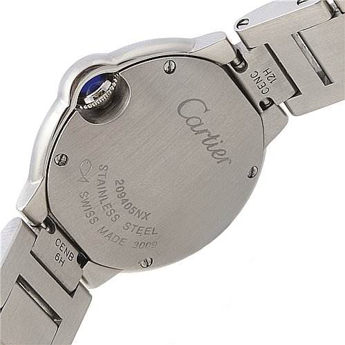 This image shows the back case and part of the bracelet with the crown of a Ballon Bleu model by Cartier.