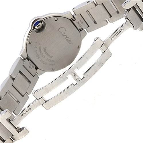 This image shows the back and clasp mechanism of a Cartier Ballon Bleu W69010Z4 Women
s Stainless Steel Silver Dial W69010Z4 Women
s Stainless Steel Silver Dial watch, highlighting its stainless steel bracelet and deployment clasp.