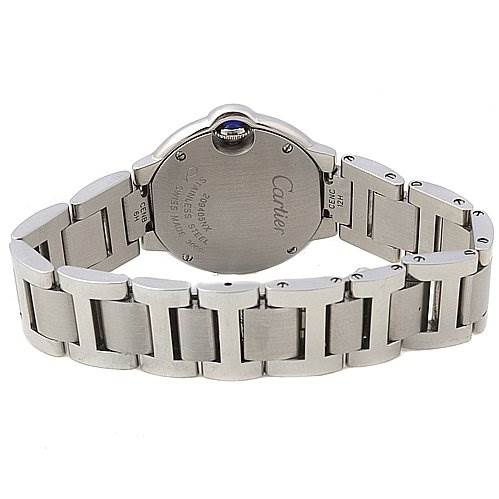 This image shows the back view of a Cartier Ballon Bleu W69010Z4 Women
s Stainless Steel Silver Dial W69010Z4 Women
s Stainless Steel Silver Dial watch, displaying its stainless steel bracelet and case back.