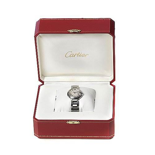 The Ballon Bleu de Cartier watch is shown front-facing inside a decorative red Cartier box.