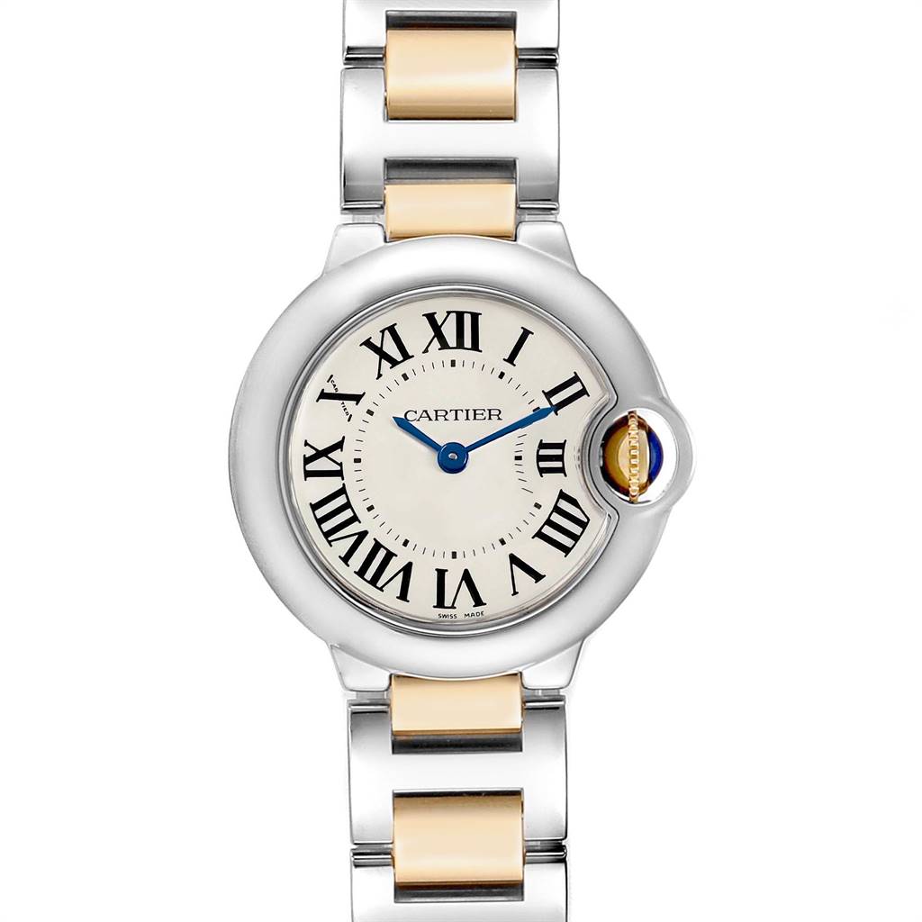 The image shows a front view of a Cartier Ballon Bleu W69007Z3 Women's Steel and Gold (two tone) Silver Dial W69007Z3 Women's Steel and Gold (two tone) Silver Dial watch, displaying its face and part of the bracelet.