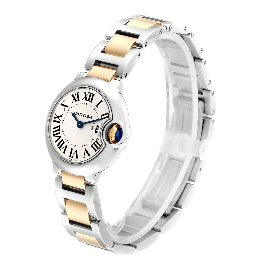 The image shows a side angle of a Cartier Ballon Bleu W69007Z3 Women's Steel and Gold (two tone) Silver Dial W69007Z3 Women's Steel and Gold (two tone) Silver Dial watch, highlighting its face, bezel, and part of the bracelet.