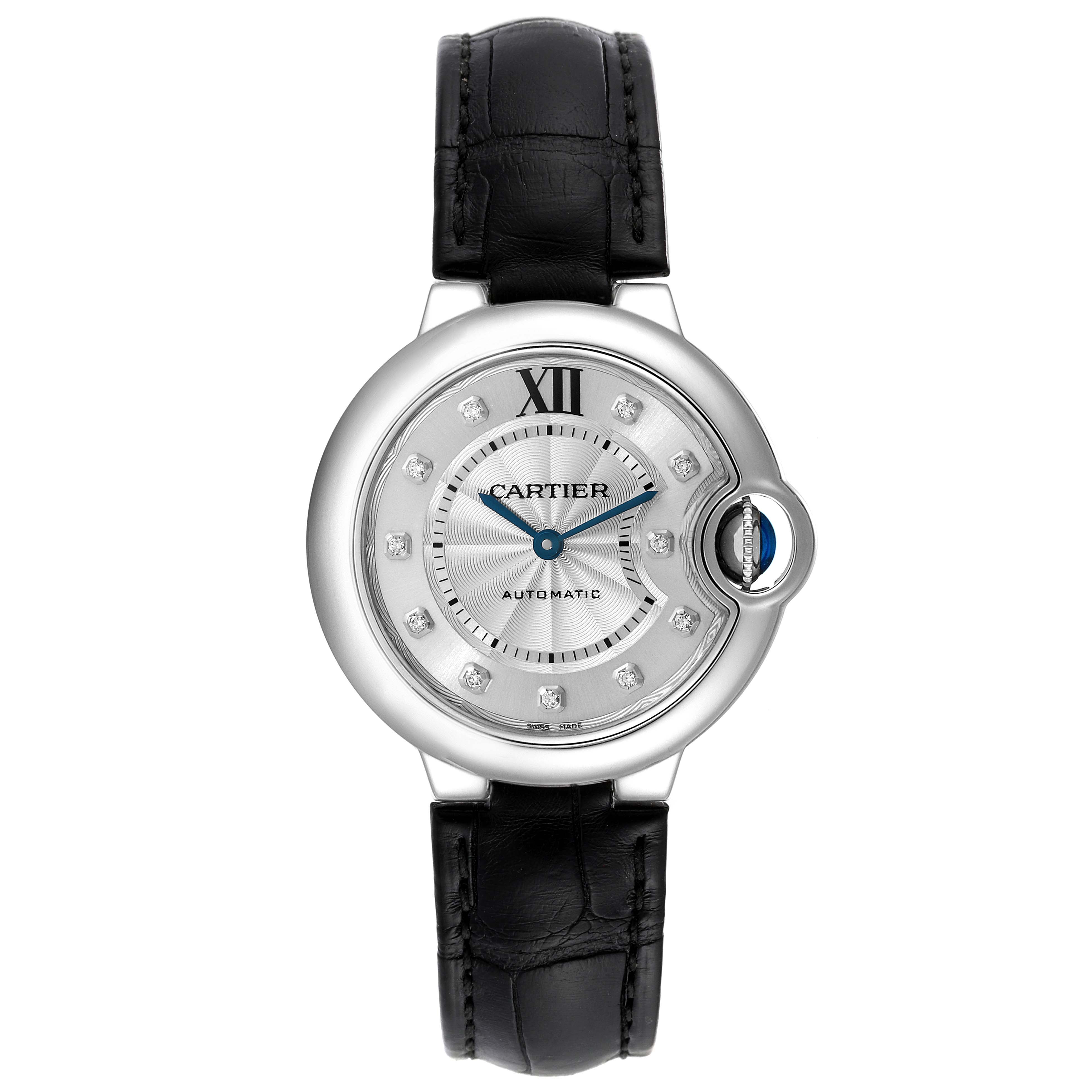 The image shows a front view of the Ballon Bleu by Cartier, highlighting its dial, bezel, and leather strap.