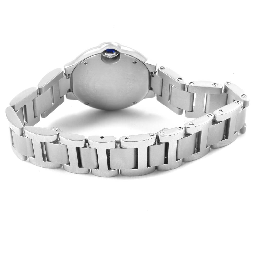 This image shows the back case and bracelet of a Cartier Ballon Bleu W69010Z4 Women
s Stainless Steel Silver Dial W69010Z4 Women
s Stainless Steel Silver Dial watch from a rear angle.