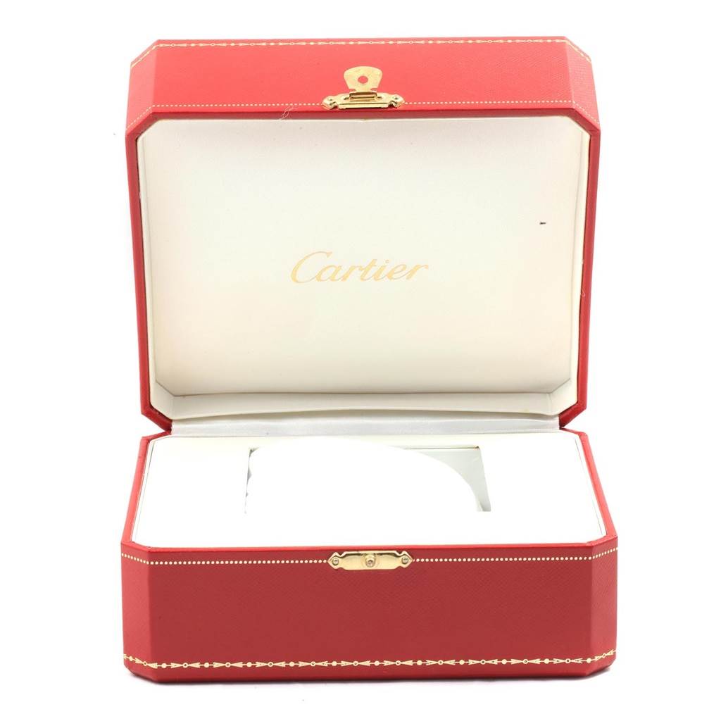 The image shows an open red Cartier box for the Ballon Bleu model watch, displaying the interior lining and branding.
