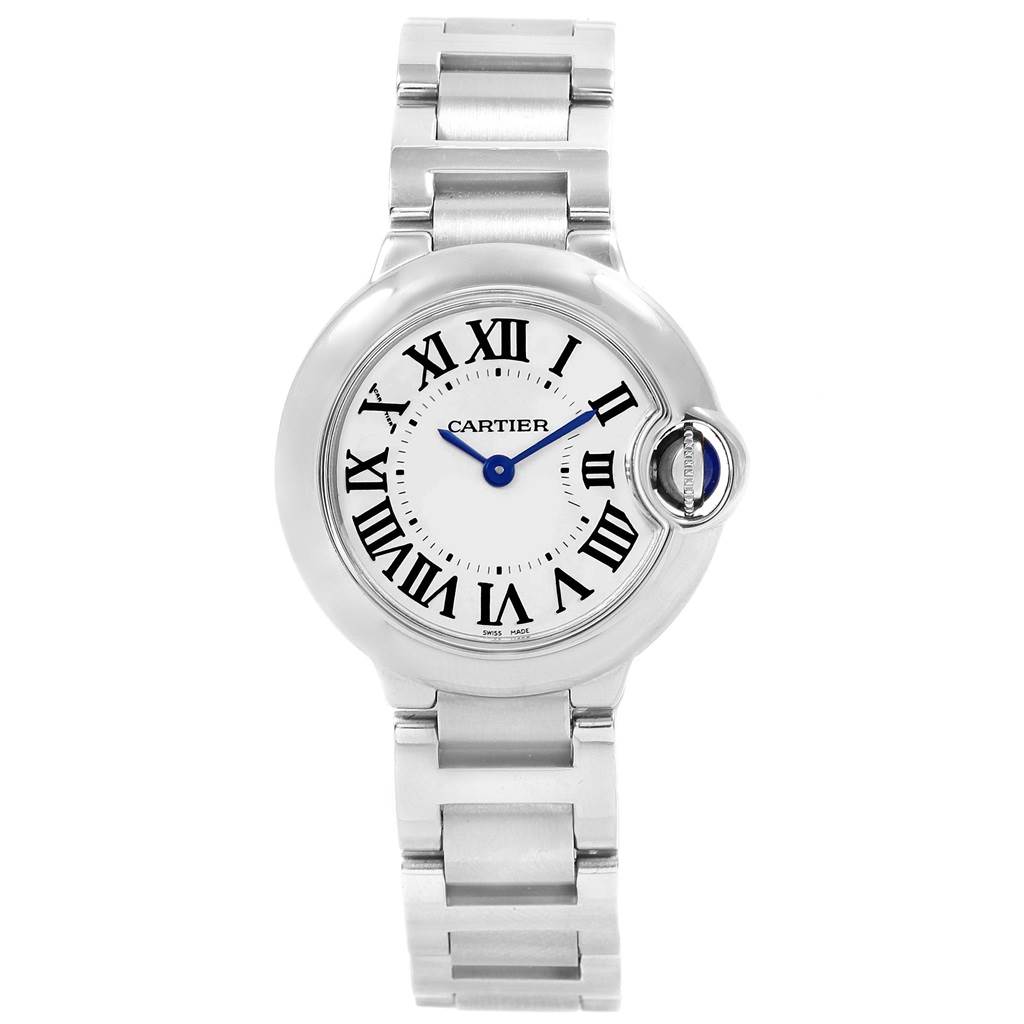 This image shows a frontal view of the Cartier Ballon Bleu W69010Z4 Women
s Stainless Steel Silver Dial W69010Z4 Women
s Stainless Steel Silver Dial watch, displaying its face, bracelet, and crown.