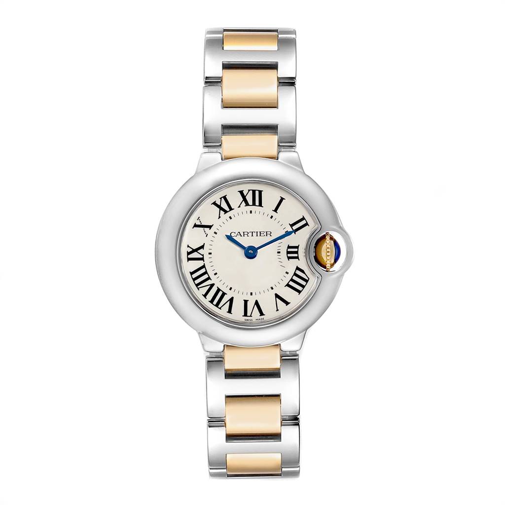 This image shows a Ballon Bleu de Cartier watch, with a frontal view highlighting the face, bezel, and two-tone bracelet.