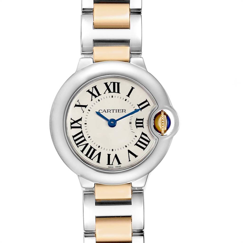 The image shows a frontal view of a Cartier Ballon Bleu W69007Z3 Women
s Stainless Steel Silver Dial W69007Z3 Women
s Stainless Steel Silver Dial watch, showcasing the face, Roman numerals, and part of the bracelet.