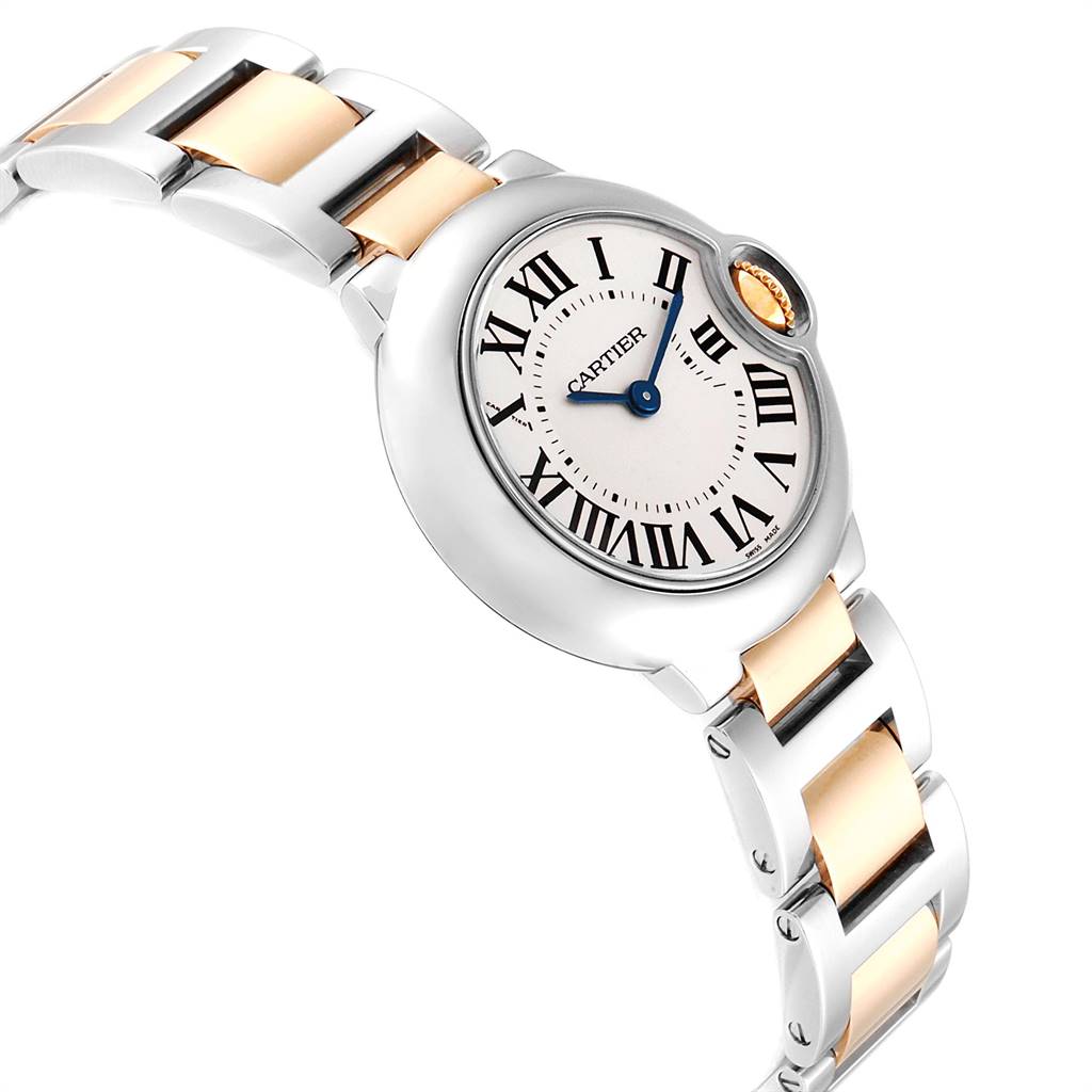 The image shows a side angle of the Cartier Ballon Bleu W69007Z3 Women
s Stainless Steel Silver Dial W69007Z3 Women
s Stainless Steel Silver Dial watch, featuring its face, crown, and two-tone strap.