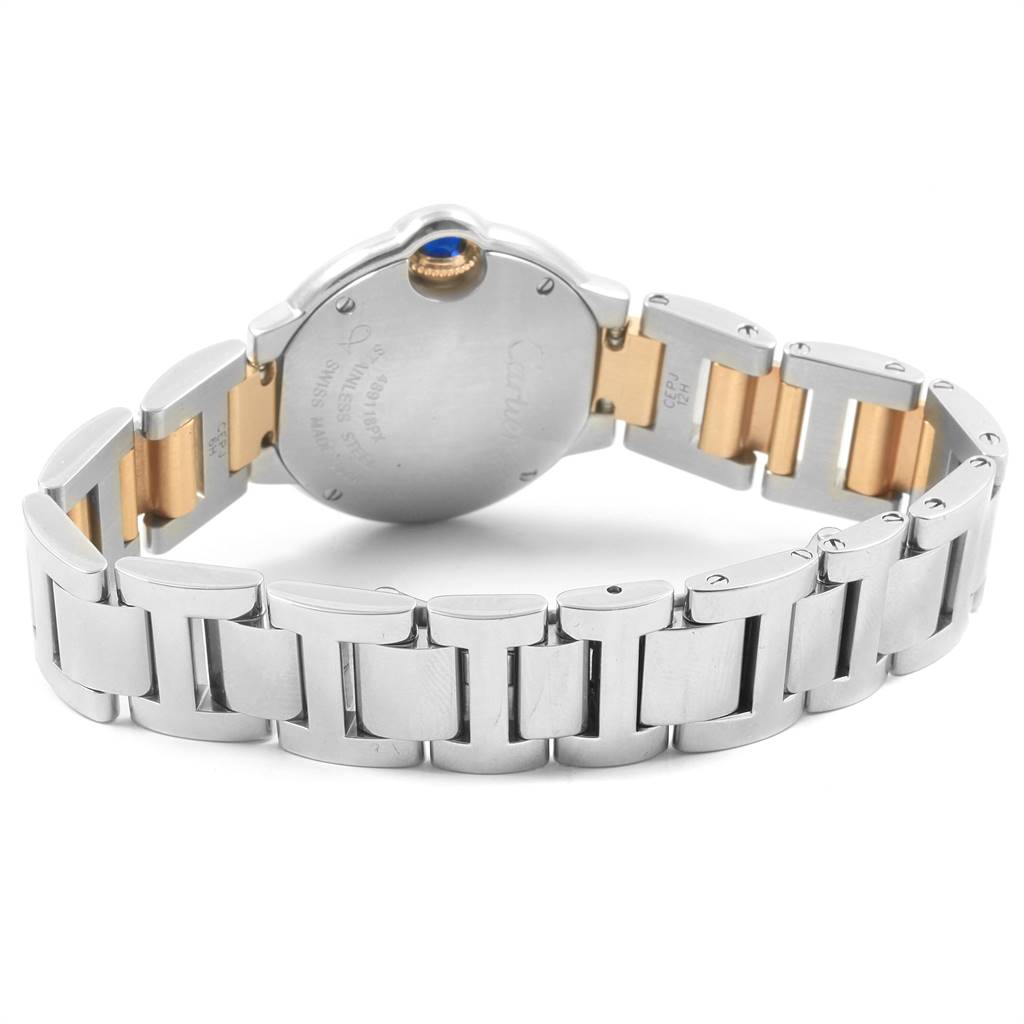 The image shows the back case and metal bracelet of a Cartier Ballon Bleu W69007Z3 Women
s Stainless Steel Silver Dial W69007Z3 Women
s Stainless Steel Silver Dial watch, from an angle highlighting the clasp and links.