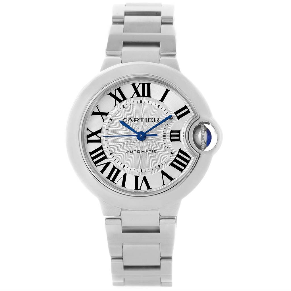 This image shows a front view of the Ballon Bleu model by Cartier, featuring its dial, Roman numerals, and metal bracelet.