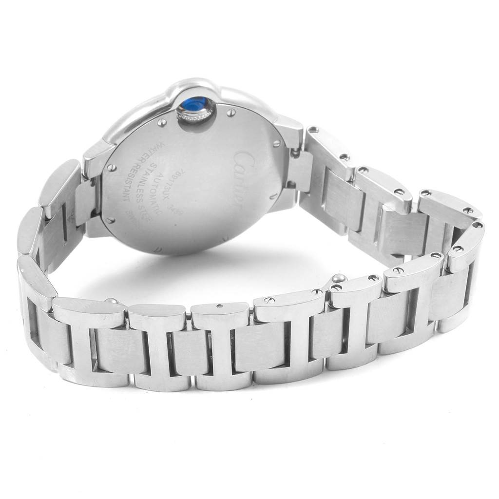 The image shows the back case and stainless steel bracelet of a Cartier Ballon Bleu W6920071 Women
s Stainless Steel Silver Dial W6920071 Women
s Stainless Steel Silver Dial watch from a rear angle.