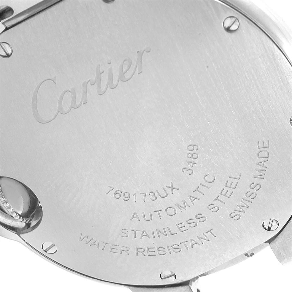 This image shows the back case of a Cartier Ballon Bleu W6920071 Women
s Stainless Steel Silver Dial W6920071 Women
s Stainless Steel Silver Dial watch, highlighting the brand name, material, and key specifications.