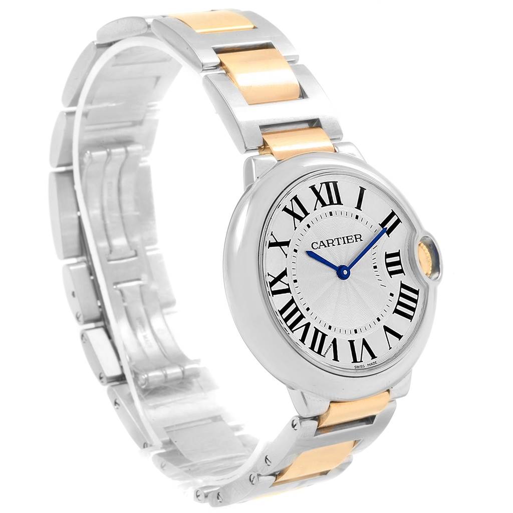 The image shows a Cartier Ballon Bleu W69008Z3 Men
s Steel and Gold (two tone) Silver Dial W69008Z3 Men
s Steel and Gold (two tone) Silver Dial watch angled slightly from the side, highlighting the face, blue hands, and two-tone metal bracelet.
