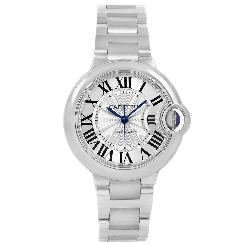 The image shows the front view of a Cartier Ballon Bleu W6920071 Women's Stainless Steel Silver Dial W6920071 Women's Stainless Steel Silver Dial watch, highlighting its face, bezel, and bracelet.