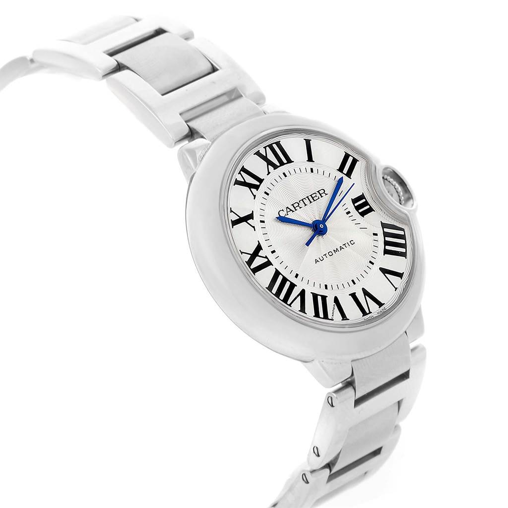 This image shows the dial and part of the bracelet of a Cartier Ballon Bleu W6920046 Women
s Stainless Steel Silver Dial W6920046 Women
s Stainless Steel Silver Dial watch, angled slightly from the front and side.