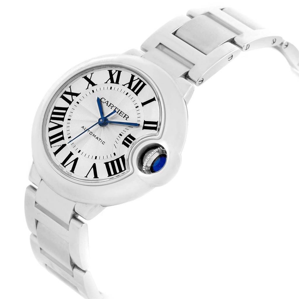 The Cartier Ballon Bleu W6920046 Women
s Stainless Steel Silver Dial W6920046 Women
s Stainless Steel Silver Dial watch is shown from a front angle displaying the face, bezel, and part of the bracelet.