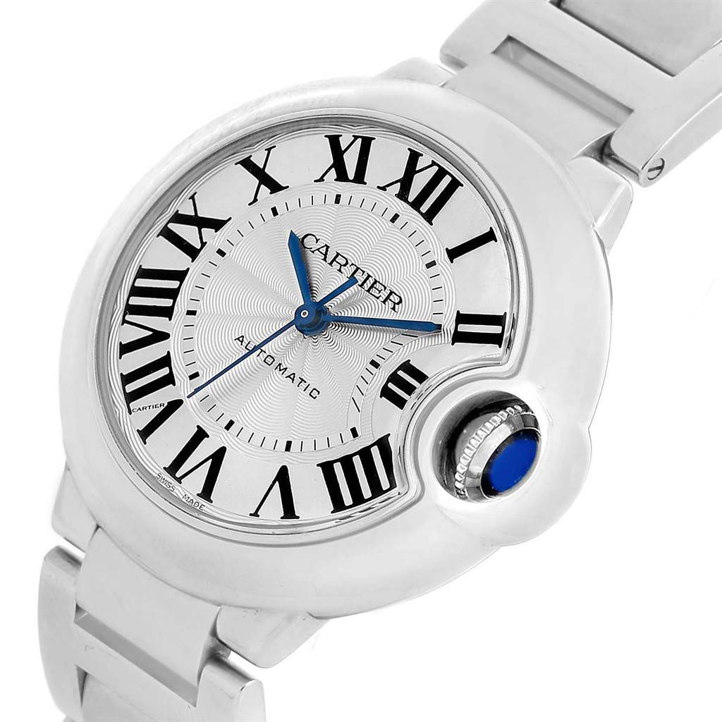 The image shows a close-up, angled view of the face and part of the bracelet of the Ballon Bleu de Cartier watch.