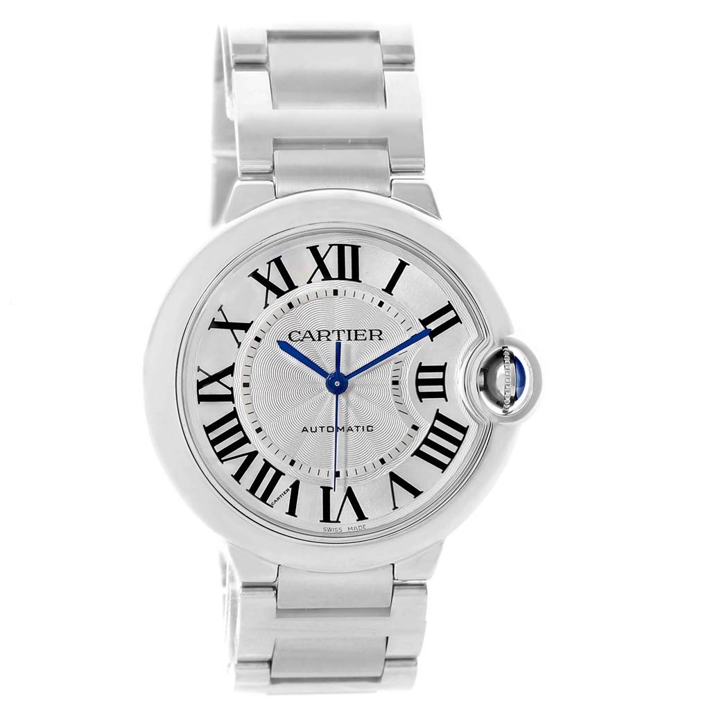 This image shows a front view of the Cartier Ballon Bleu W6920046 Women
s Stainless Steel Silver Dial W6920046 Women
s Stainless Steel Silver Dial watch, highlighting its dial, bracelet, and signature crown.