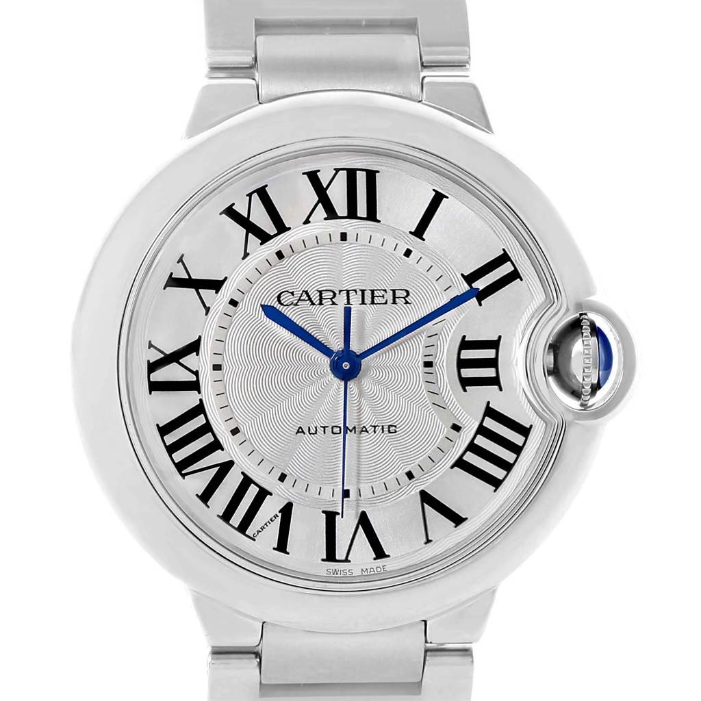 The image shows a close-up of the face and upper part of the bracelet of a Cartier Ballon Bleu W6920046 Women
s Stainless Steel Silver Dial W6920046 Women
s Stainless Steel Silver Dial watch.