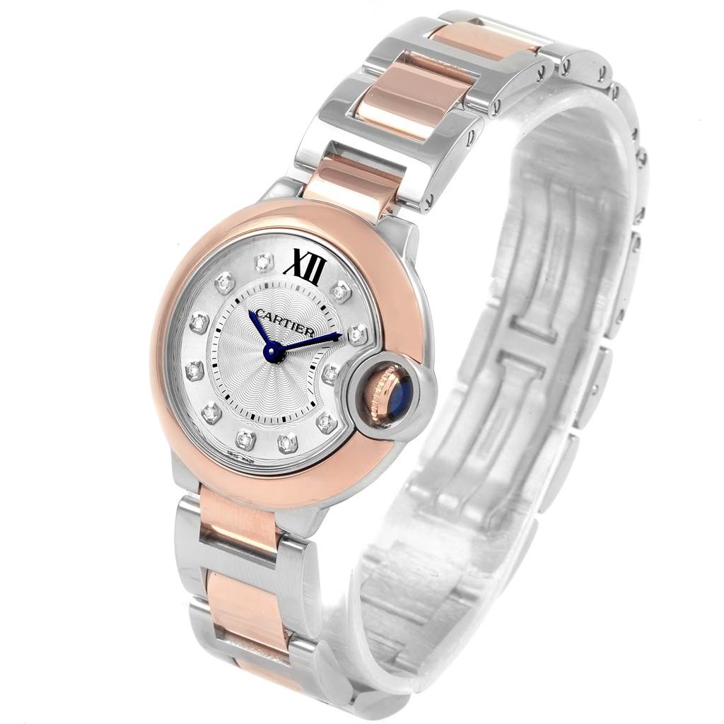 The image shows a side-angle view of the Cartier Ballon Bleu W3BB0005 Women
s Steel and Gold (two tone) Silver Dial W3BB0005 Women
s Steel and Gold (two tone) Silver Dial watch, highlighting the dial, bezel, and bracelet.