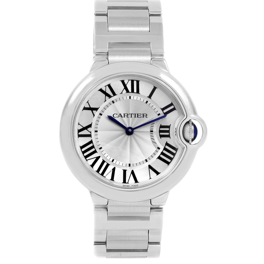 The image shows a front view of a Cartier Ballon Bleu W69011Z4 Women
s Stainless Steel Silver Dial W69011Z4 Women
s Stainless Steel Silver Dial watch with its dial, bracelet, and crown visible.
