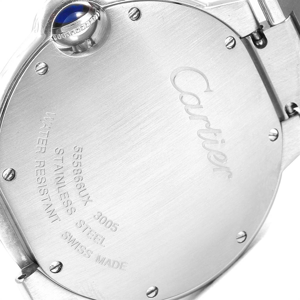 The image shows the back case and the crown with a blue stone of the Cartier Ballon Bleu W69011Z4 Women
s Stainless Steel Silver Dial W69011Z4 Women
s Stainless Steel Silver Dial watch.