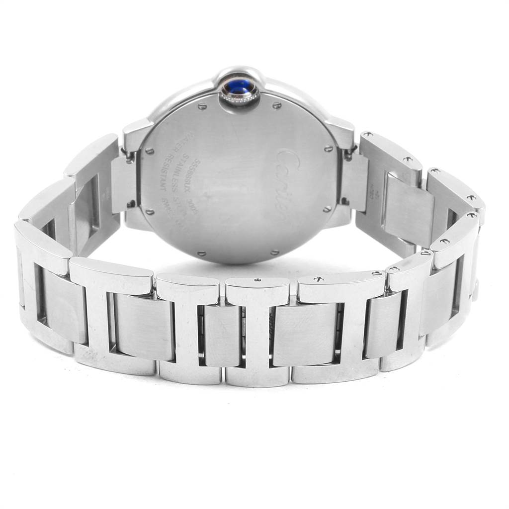 The image shows the back view of a Cartier Ballon Bleu W69011Z4 Women
s Stainless Steel Silver Dial W69011Z4 Women
s Stainless Steel Silver Dial watch, focusing on the case back and stainless steel bracelet.