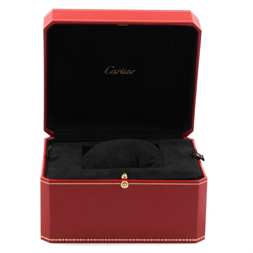 This image shows an open red Cartier box for the Ballon Bleu model watch, revealing a black interior with a cushioned slot.
