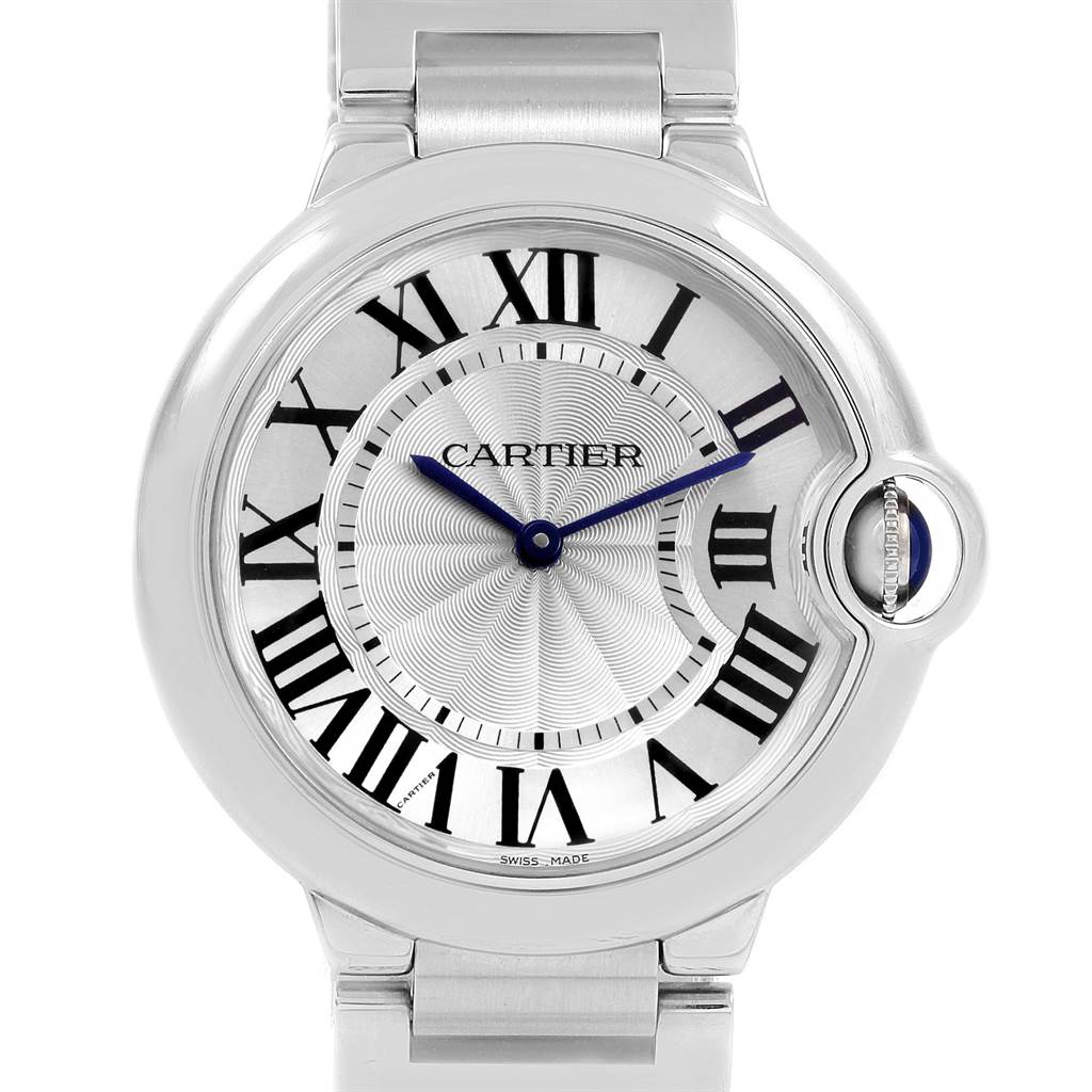 The image shows a front view of the Cartier Ballon Bleu W69011Z4 Women
s Stainless Steel Silver Dial W69011Z4 Women
s Stainless Steel Silver Dial watch, highlighting its dial, hands, and bracelet.