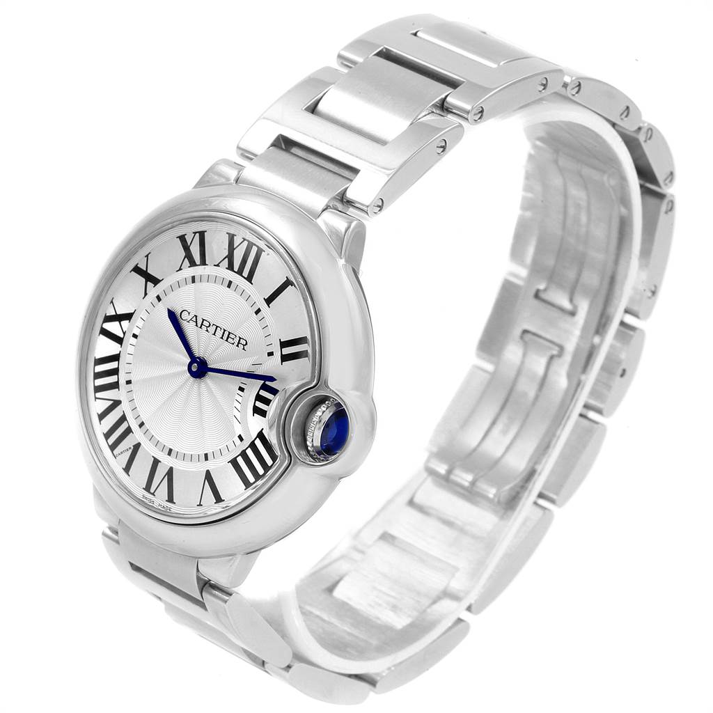 This image shows the Cartier Ballon Bleu W69011Z4 Women
s Stainless Steel Silver Dial W69011Z4 Women
s Stainless Steel Silver Dial watch at a three-quarter angle, highlighting the face, bezel, and part of the bracelet.