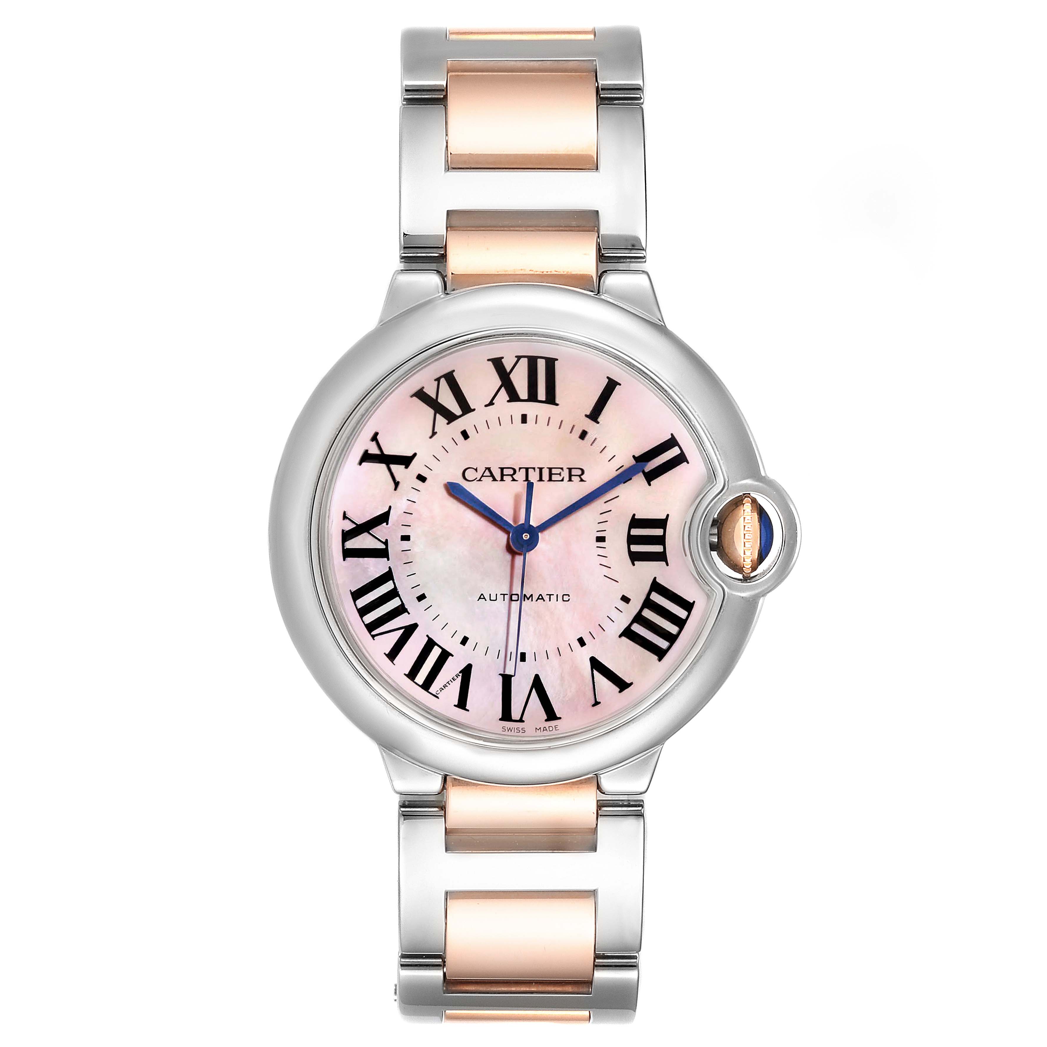The image shows a front view of the Cartier Ballon Bleu W2BB0011 Women's Steel and Gold (two tone) Mother of Pearl Dial W2BB0011 Women's Steel and Gold (two tone) Mother of Pearl Dial watch, displaying its dial, hands, and two-tone bracelet.