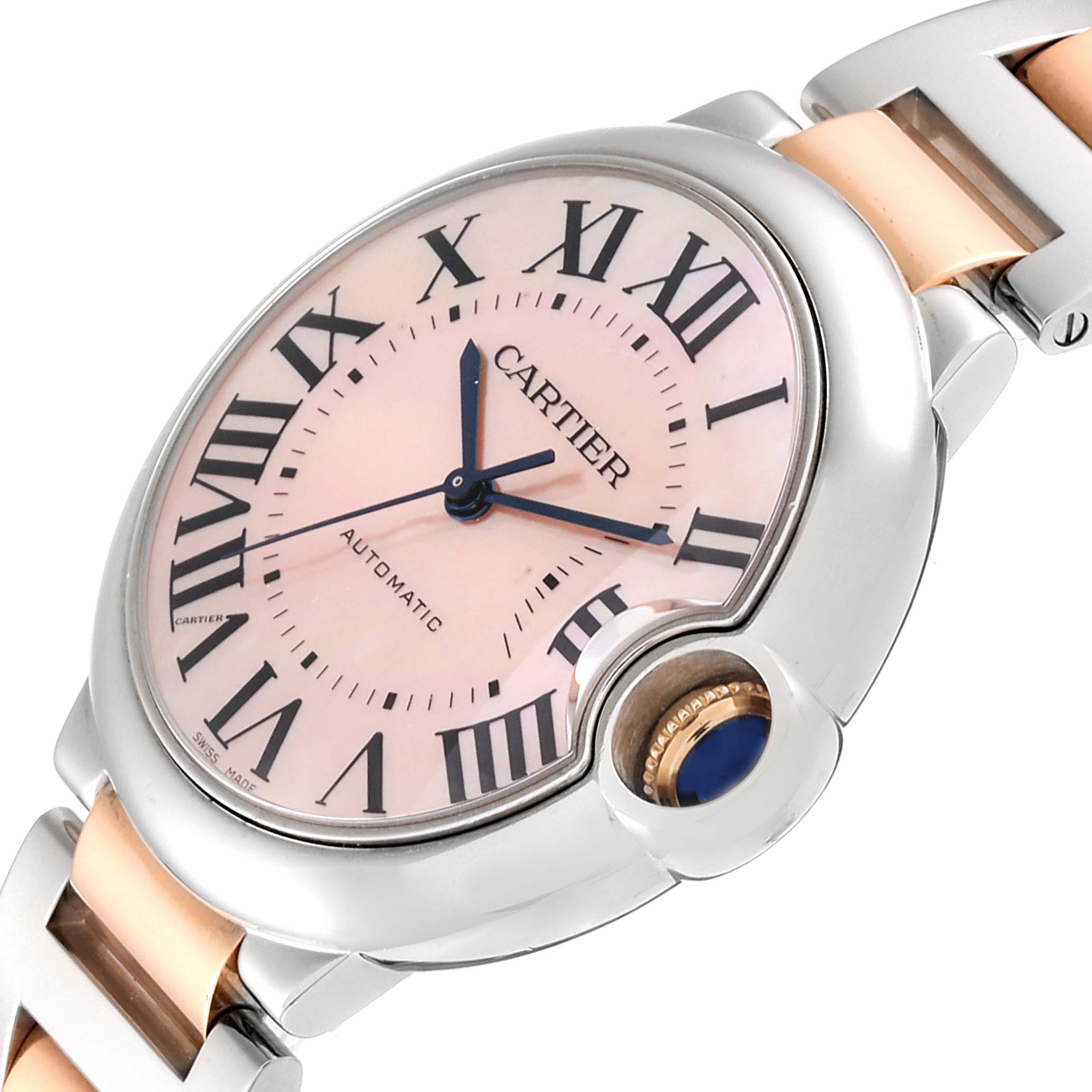 This image shows a close-up angled view of the dial and part of the bracelet of a Cartier Ballon Bleu W2BB0011 Women's Steel and Gold (two tone) Mother of Pearl Dial W2BB0011 Women's Steel and Gold (two tone) Mother of Pearl Dial watch.