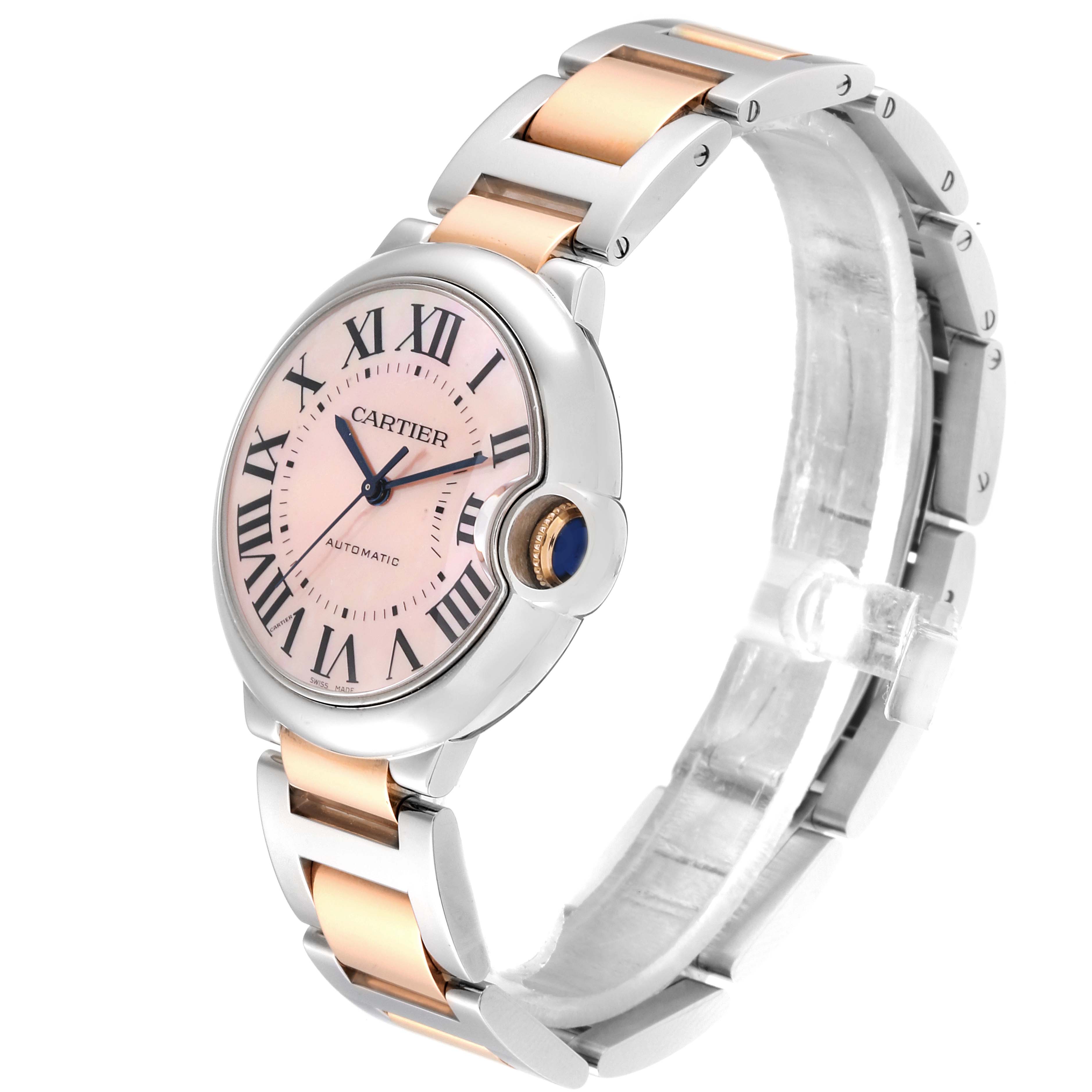 The image shows a Cartier Ballon Bleu W2BB0011 Women's Steel and Gold (two tone) Mother of Pearl Dial W2BB0011 Women's Steel and Gold (two tone) Mother of Pearl Dial watch at a three-quarter angle, highlighting its face, crown, and two-tone bracelet.