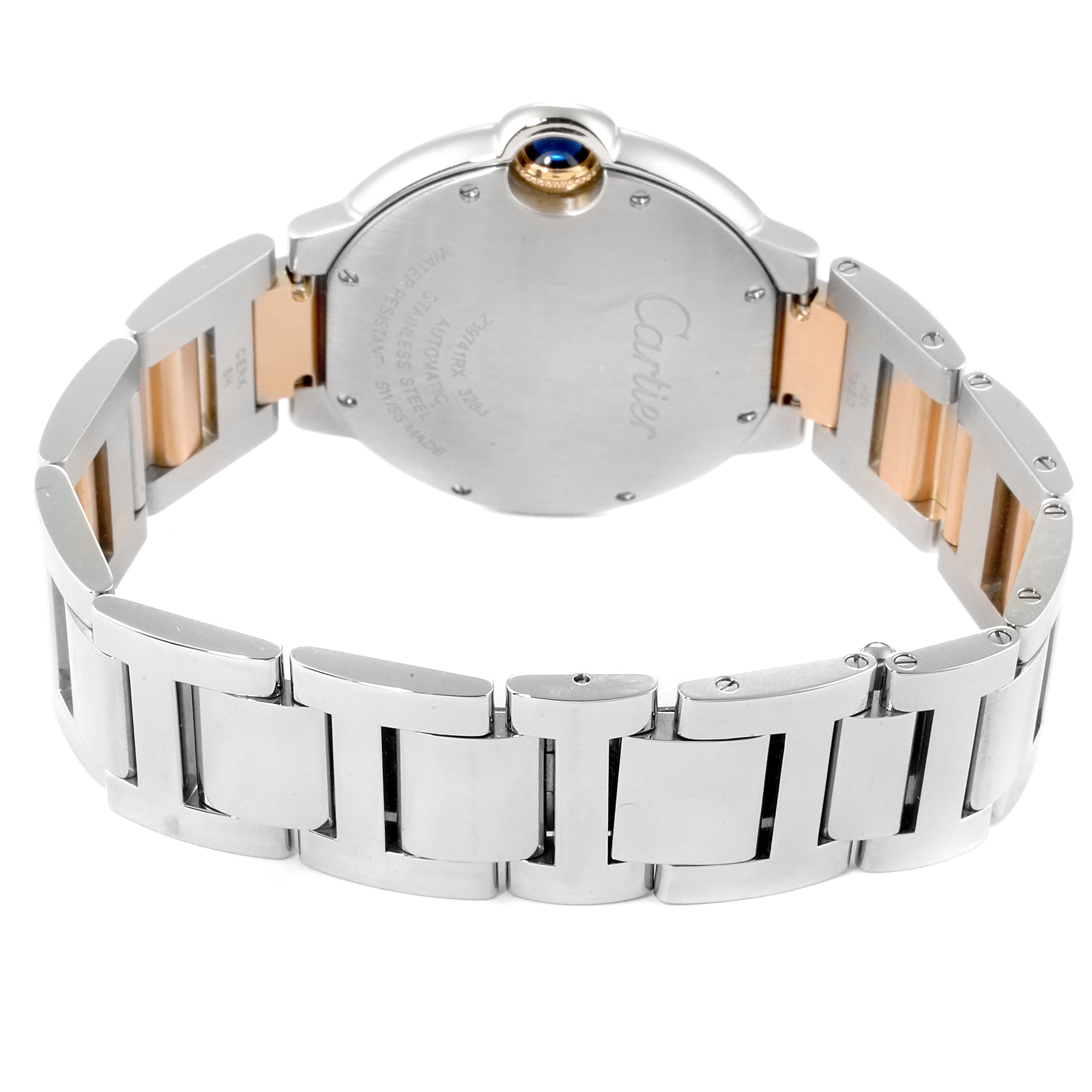 The image shows the back view of a Cartier Ballon Bleu W2BB0011 Women's Steel and Gold (two tone) Mother of Pearl Dial W2BB0011 Women's Steel and Gold (two tone) Mother of Pearl Dial watch, highlighting its bracelet and case back.