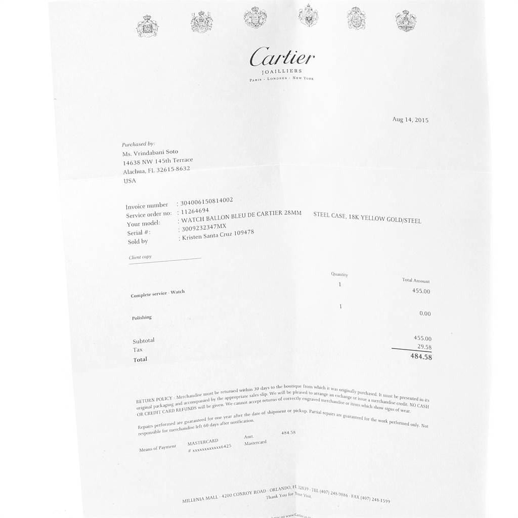 The image shows a service invoice for a Cartier Ballon Bleu W69007Z3 Women's Stainless Steel Silver Dial W69007Z3 Women's Stainless Steel Silver Dial watch, detailing customer information, watch details, and service costs.