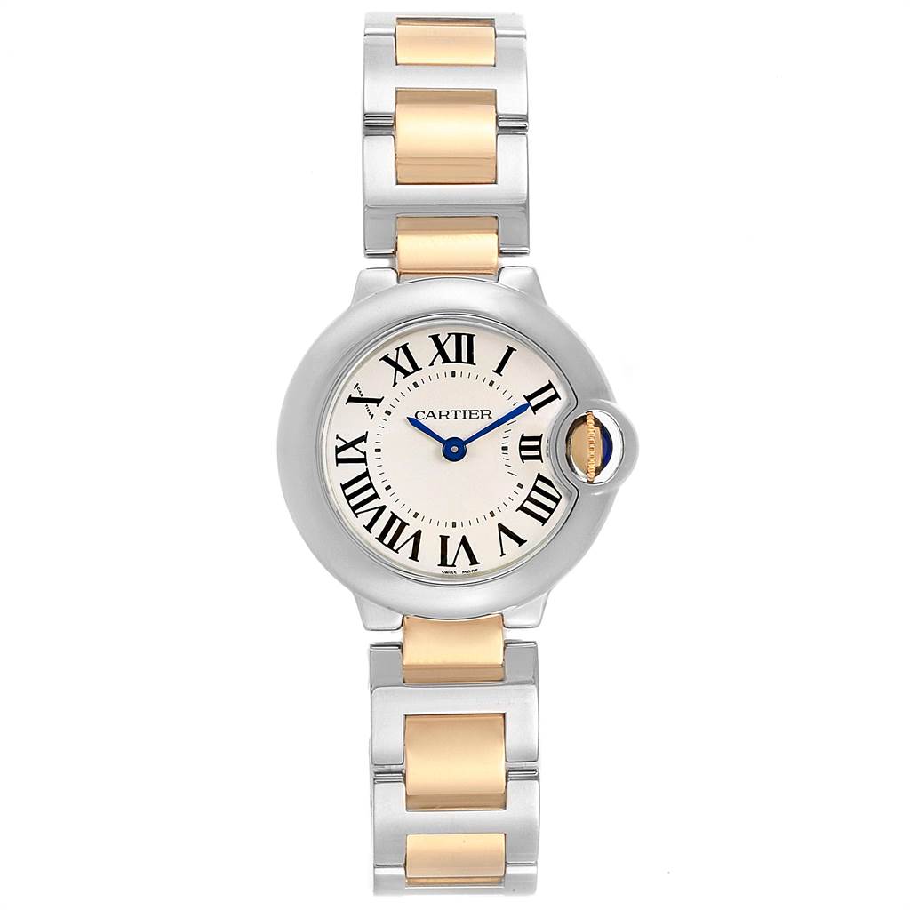 This image shows a Cartier Ballon Bleu W69007Z3 Women's Stainless Steel Silver Dial W69007Z3 Women's Stainless Steel Silver Dial watch from a top-down angle, highlighting the face and two-tone metal band.