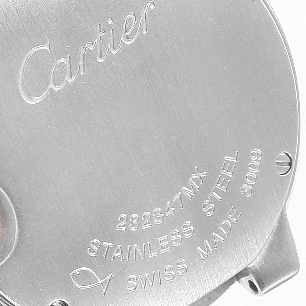 This image shows the back case of a Cartier Ballon Bleu W69007Z3 Women's Stainless Steel Silver Dial W69007Z3 Women's Stainless Steel Silver Dial watch, highlighting the engraving and serial number.
