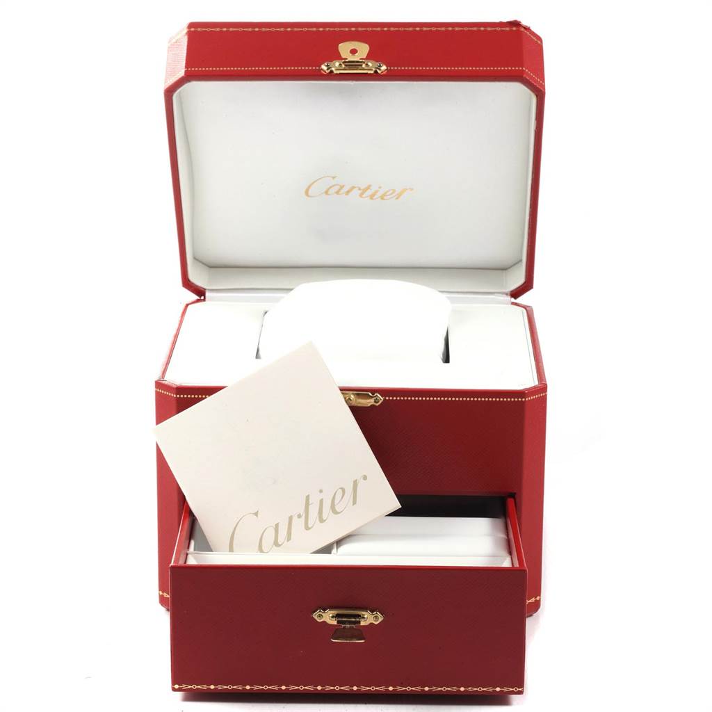 The image shows a Cartier Ballon Bleu W69007Z3 Women's Stainless Steel Silver Dial W69007Z3 Women's Stainless Steel Silver Dial watch box with accessories, a cushion, and a Cartier branded card.