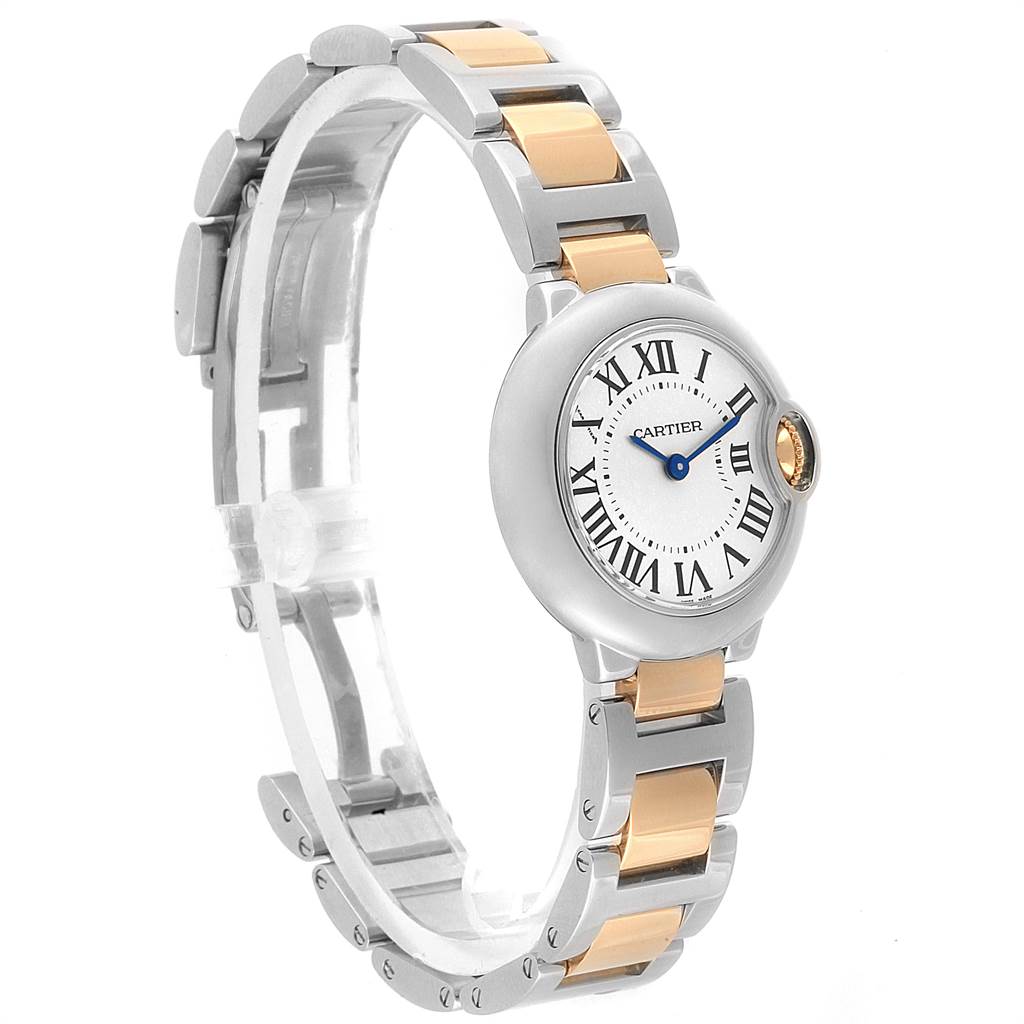 This image shows a side angle of the Ballon Bleu model by Cartier, highlighting its face, bracelet, and clasp.