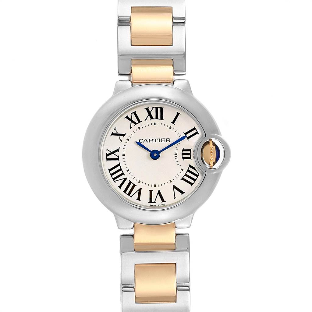 The image shows a frontal view of the Cartier Ballon Bleu W69007Z3 Women's Stainless Steel Silver Dial W69007Z3 Women's Stainless Steel Silver Dial watch, highlighting its dial, Roman numerals, and two-tone bracelet.